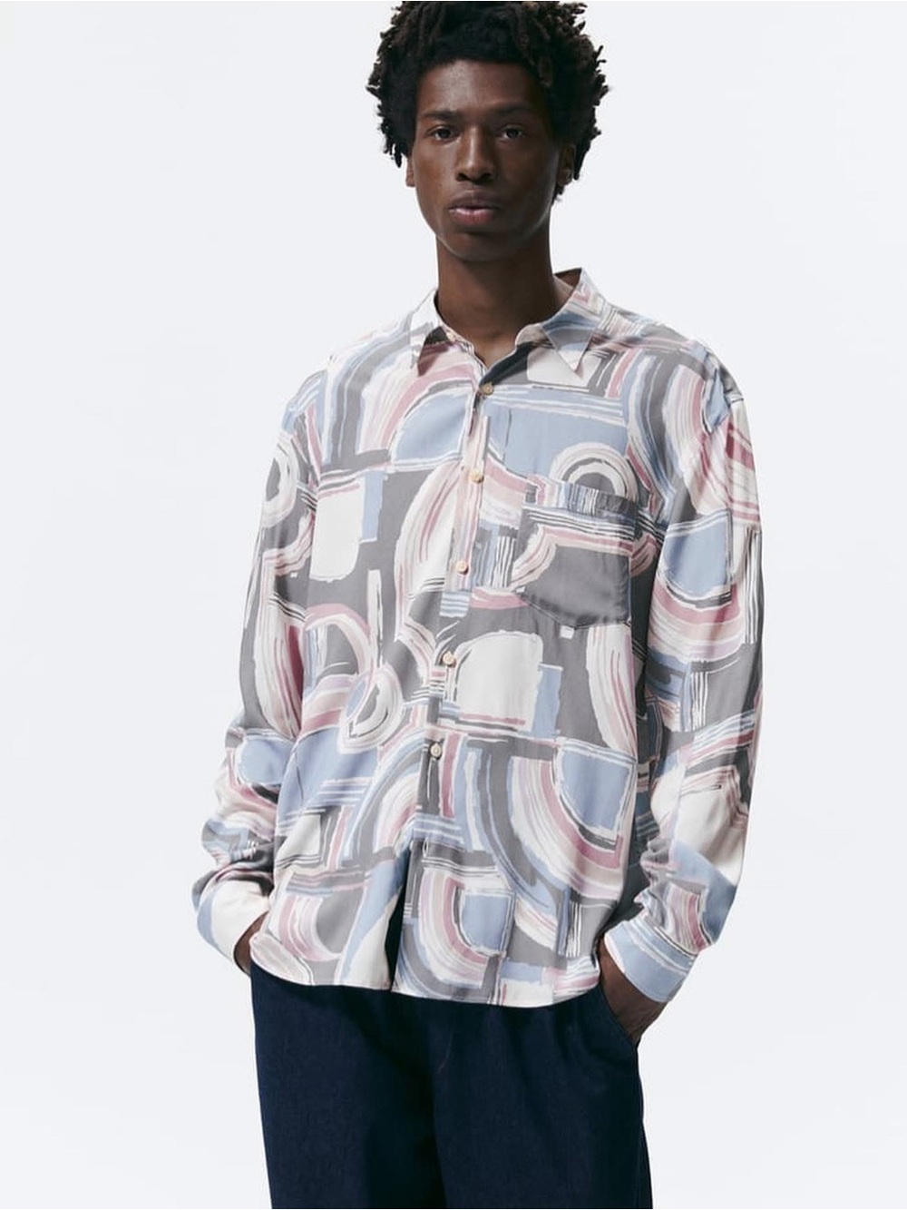 Zara Men's Abstract Swirl Button-Up Shirt Jacket - Gray, Blue, Pink